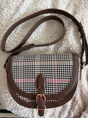 LOFT Brown Plaid Saddle Shoulder/Crossbody Bag with Pink & Brown Plaid